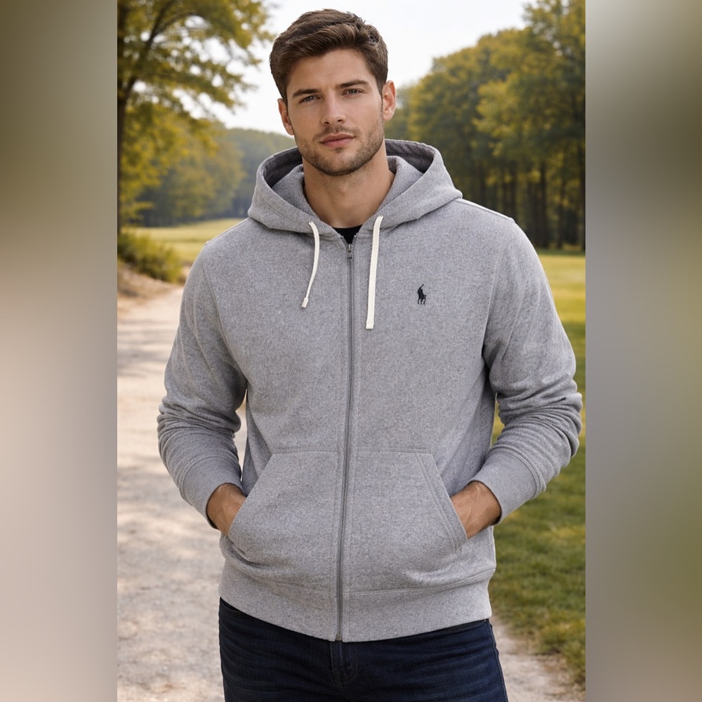 Ralph Lauren Ash Gray Heather Zip Hoodie with Cream Drawcords ptp 23”
